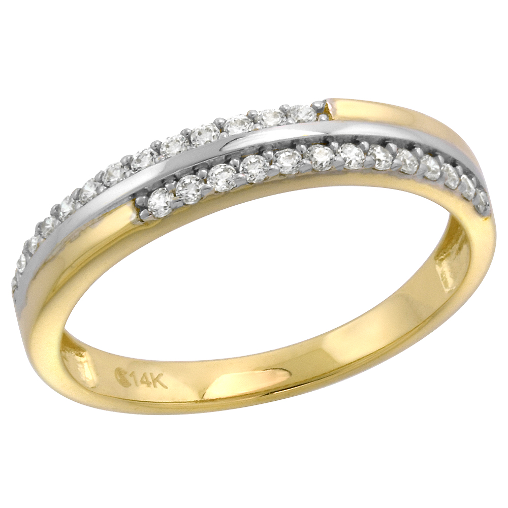 14k Yellow Gold Cubic Zirconia Wedding Band for Women 3mm White Gold Center Stripe, size 5-10