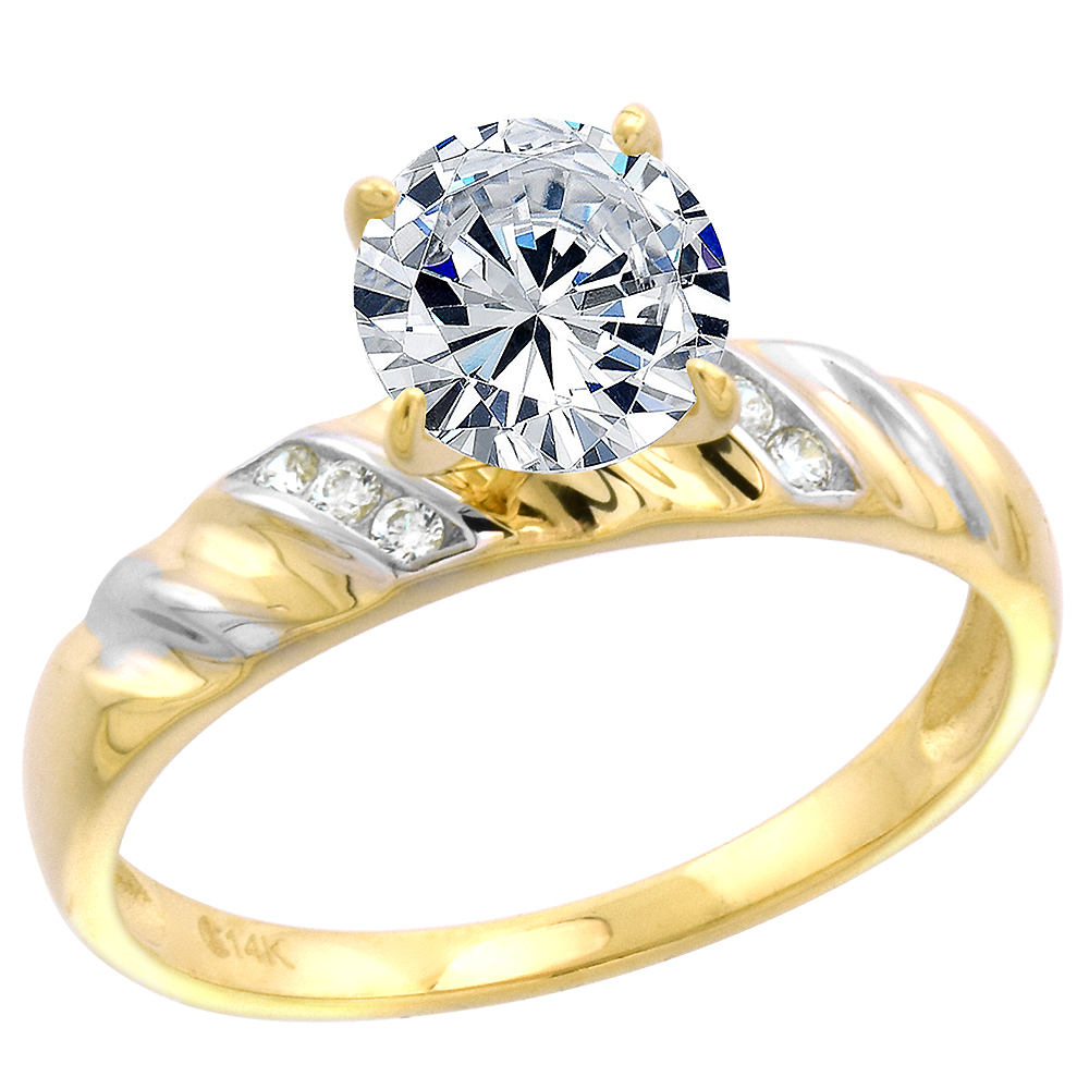 14k Yellow Gold CZ Ladies Solitaire Engagement Ring Groove Round 7mm Brilliant cut size 5-10