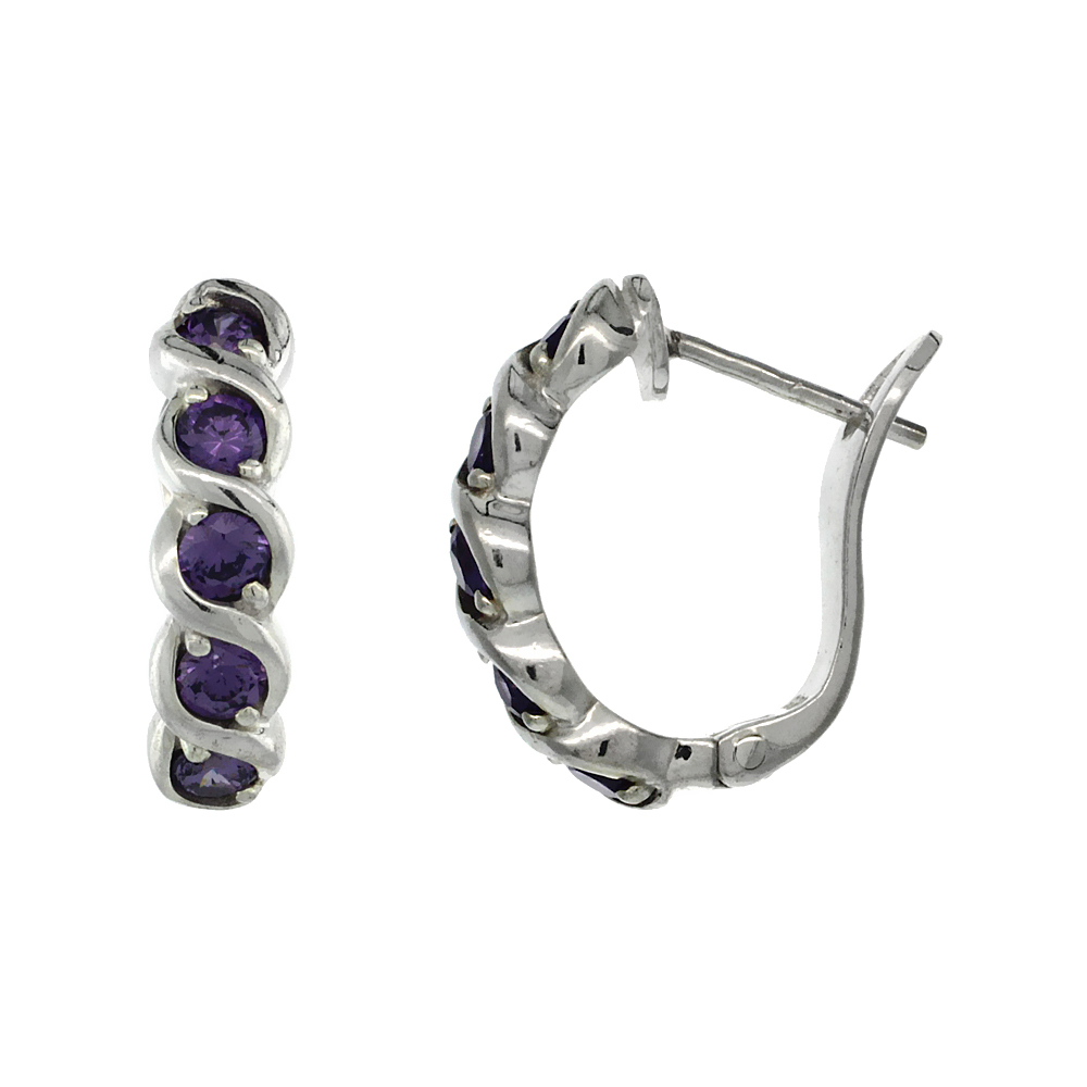 Sterling Silver Braided Design Amethyst CZ Huggie Earrings 11/16 in. (17 mm) tall