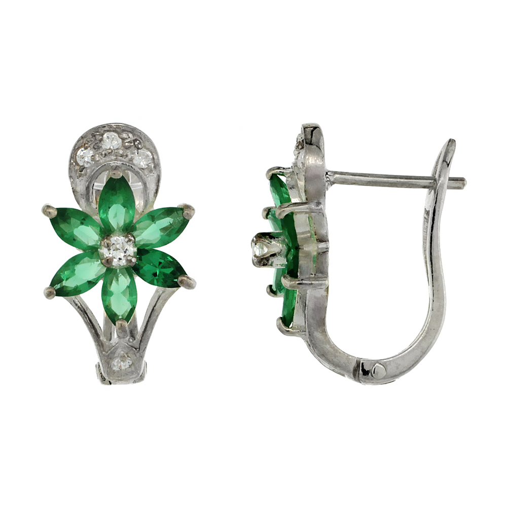 Sterling Silver Emerald CZ Flower Huggie Earrings 11/16 in. (18 mm) tall