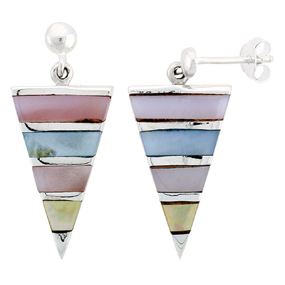 Sterling Silver Triangular Pink, Blue, Light Yellow & White Mother of Pearl Inlay Earrings, 7/8" (22 mm) tall 