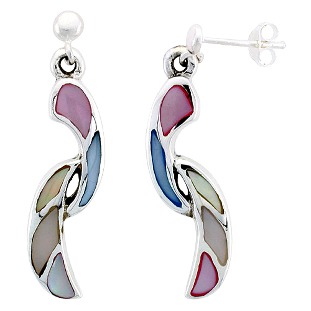 Sterling Silver Freeform Pink, Blue, Light Yellow & White Mother of Pearl Inlay Earrings, 1 1/8" (28 mm) tall 