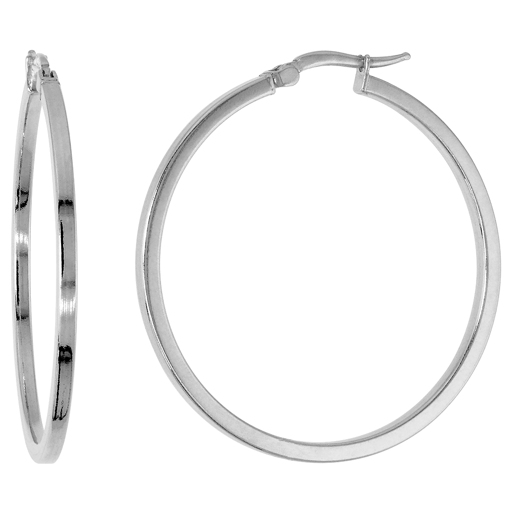 Sterling Silver 1 1/2 inch Square Tube Click Top Hoop Earring for Women 40 mm Round 2mm thin Italy