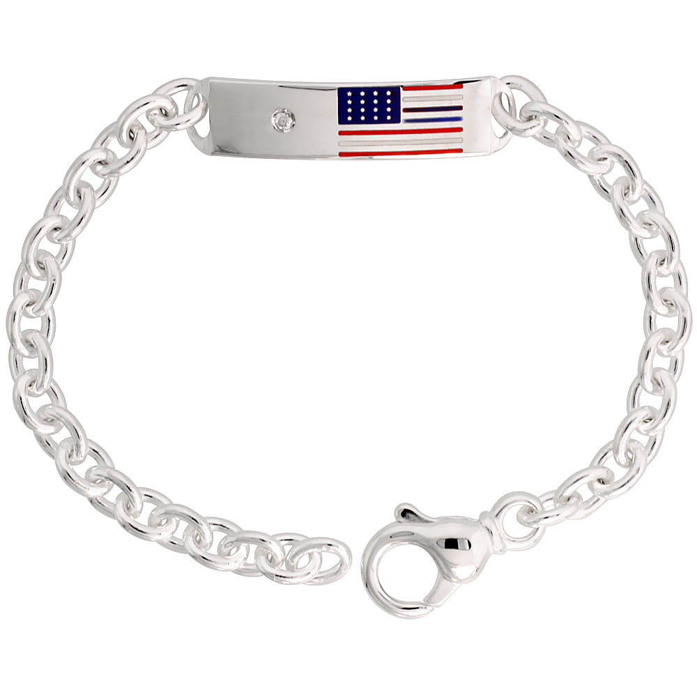 Sterling Silver ID Bracelet American Flag Heavy, 3/8 inch wide, 9 inch