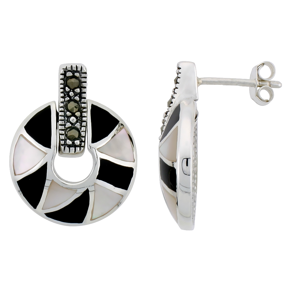 Marcasite Doughnut Earrings in Sterling Silver, w/ Mother of Pearl & Black Onyx, 13/16" (21 mm) tall