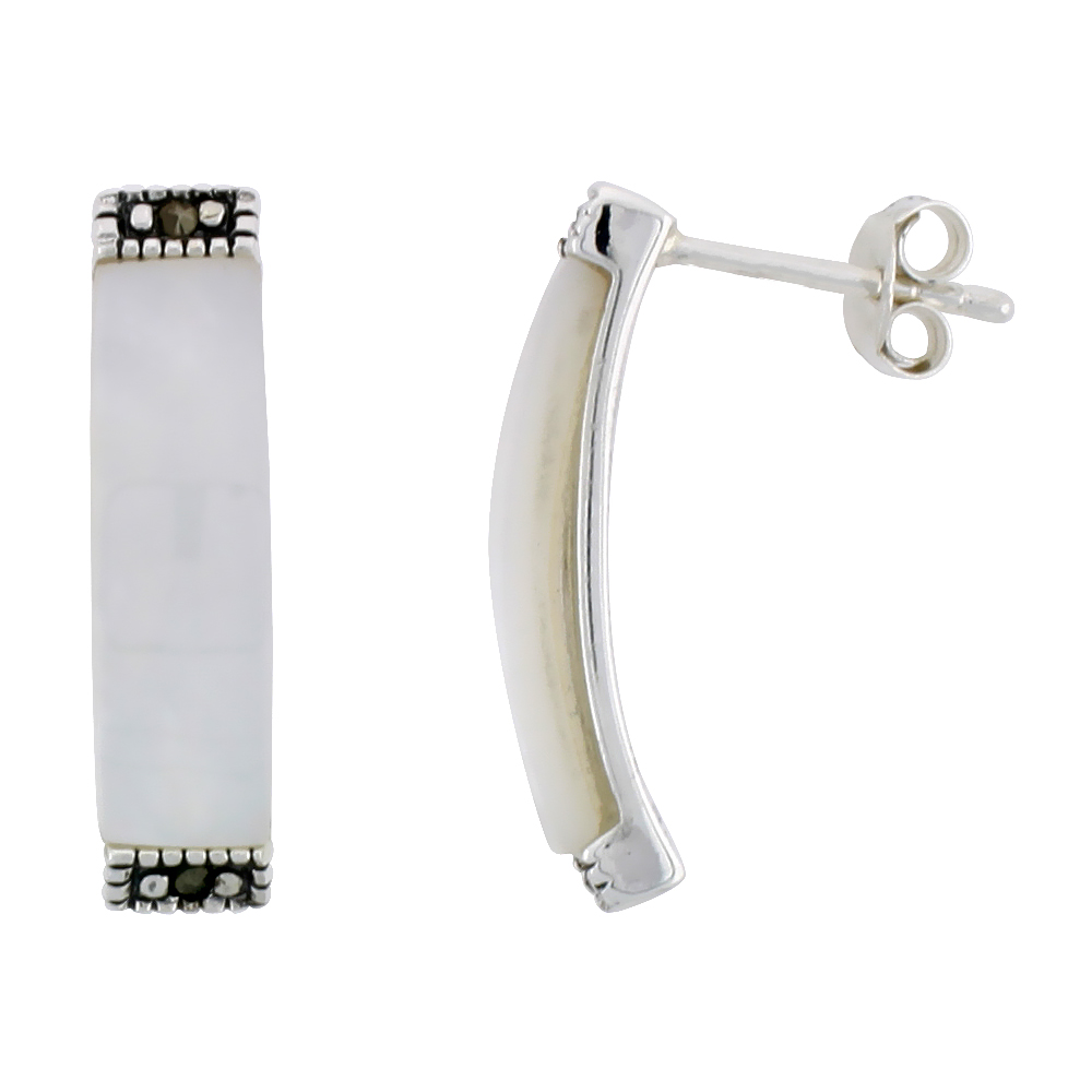 Marcasite Rectangular Earrings in Sterling Silver, w/ Mother of Pearl, 7/8" (22 mm) tall