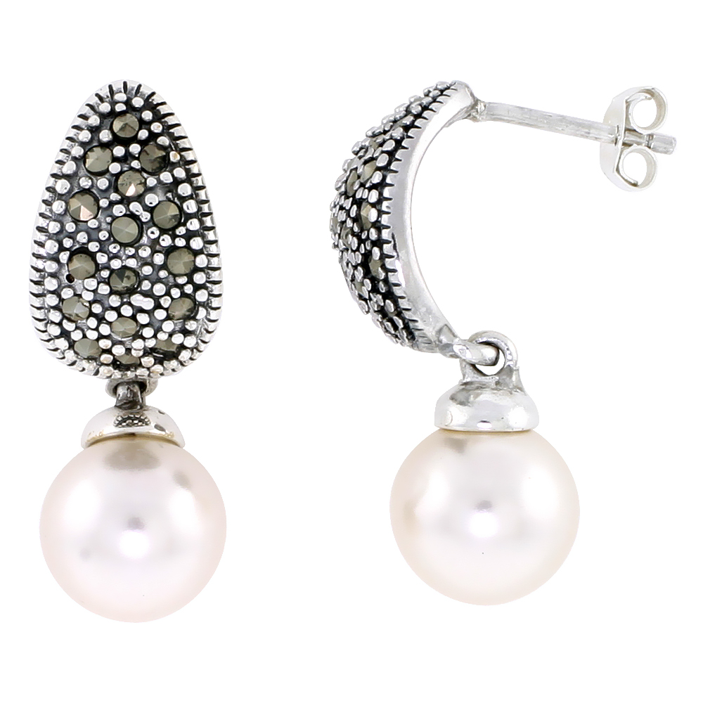 Marcasite Earrings in Sterling Silver, w/ Faux Pearl, 1 1/8" (29 mm) tall