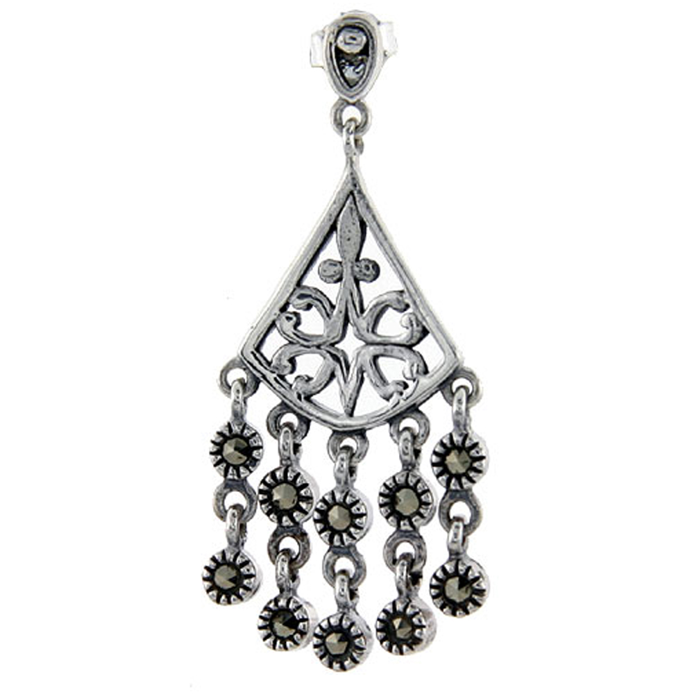 Sterling silver Marcasite chandelier Dangle Drop Earrings Art Deco style 1 3/4 inch long