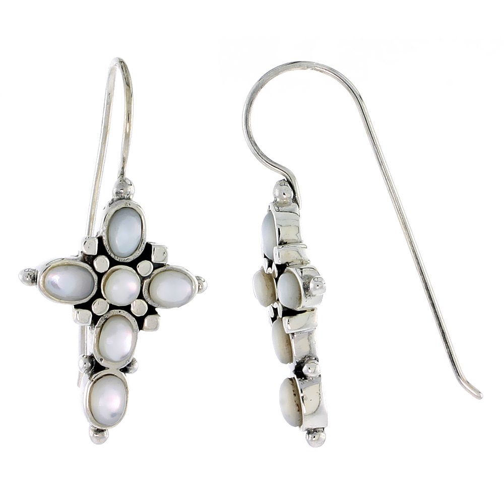 Sterling Silver Oxidized Cross Earrings, w/ 2mm Round & Five 4 x 3 mm Oval-shaped Mother of Pearls, 7/8" (23 mm) tall