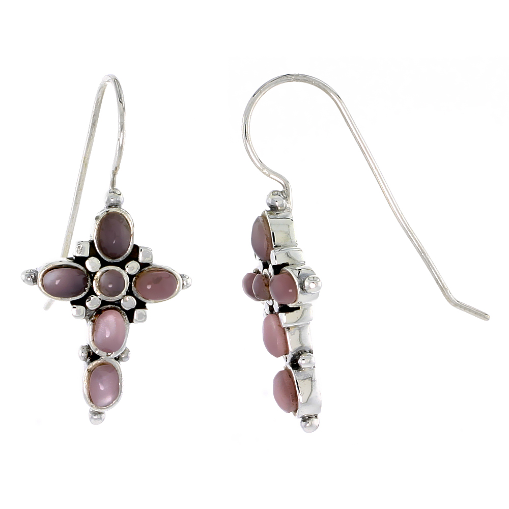 Sterling Silver Oxidized Cross Earrings, w/ 2mm Round & Five 4 x 3 mm Oval-shaped Pink Mother of Pearls, 7/8" (23 mm) tall