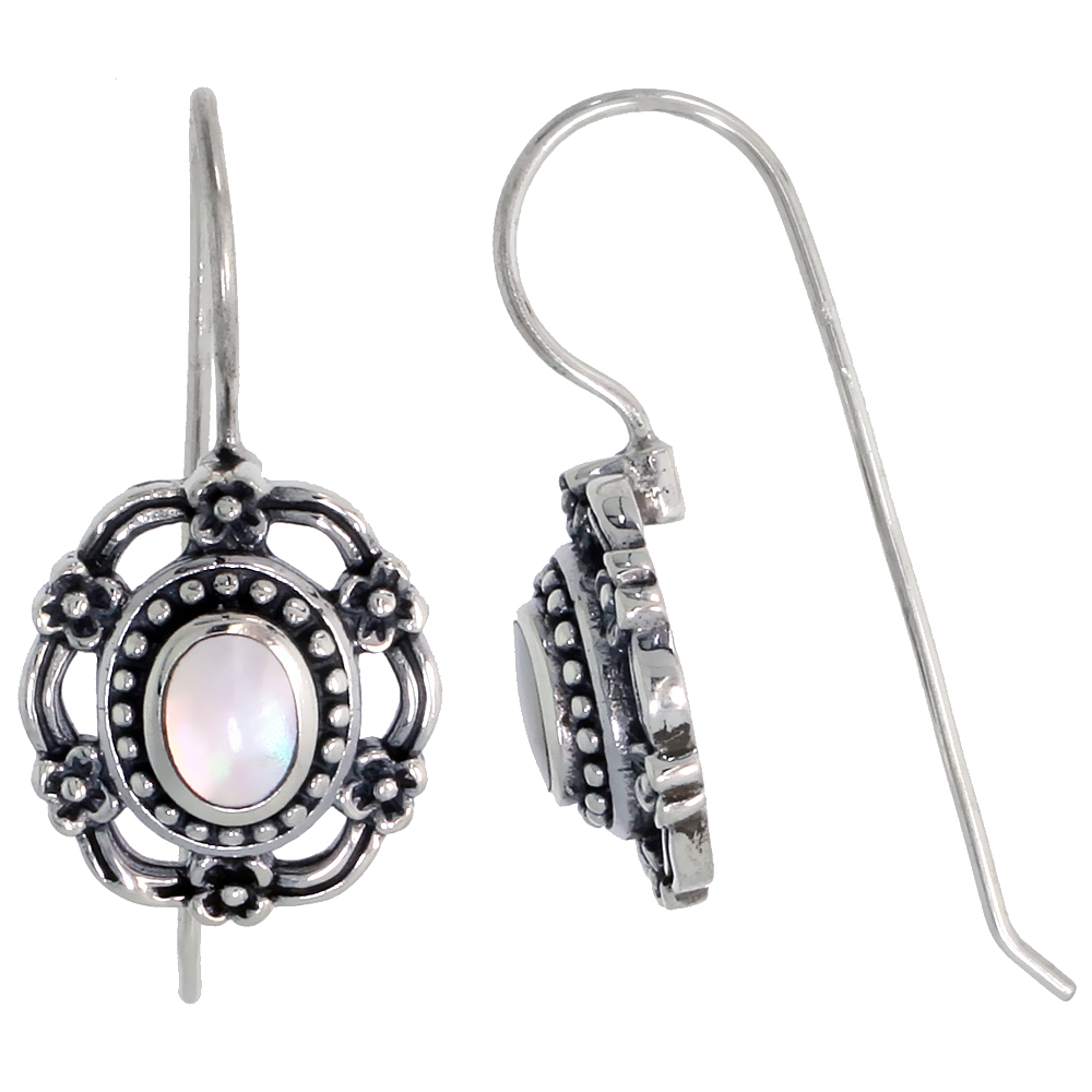 Sterling Silver Oxidized Earrings, w/ 6 x 4 mm Oval-shaped Mother of Pearl, 9/16" (15 mm) tall