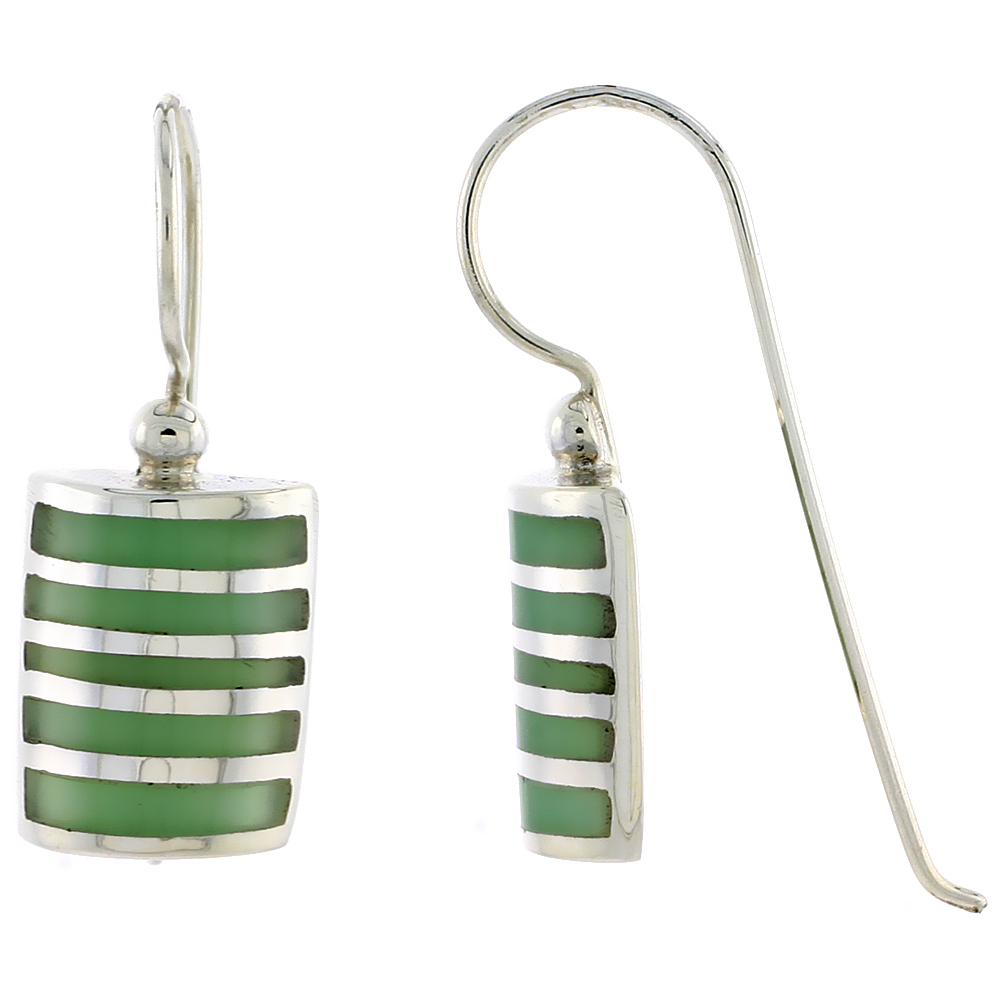 Sterling Silver Hook Earrings, w/ Green Resin, 5/8" (16 mm) tall