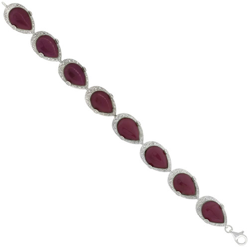 Sterling Silver Teardrop Link Bracelet Pear Cut 16x12mm Purple Resin Inlay & Cubic Zirconia Stones, 5/8 inch wide 