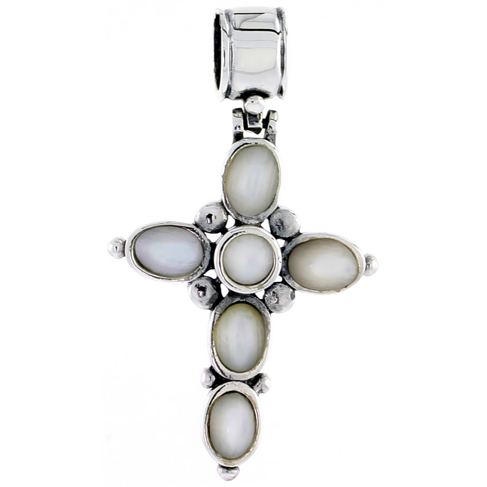 Sterling Silver Oxidized Cross Pendant, w/ 4mm Round & Five 5 x 4 mm Oval-shaped Mother of Pearls, 1 1/16" (28 mm) tall