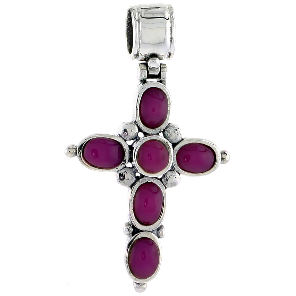 Sterling Silver Oxidized Cross Pendant, w/ 4mm Round & Five 5 x 4 mm Oval-shaped Purple Resin, 1 1/16" (28 mm) tall