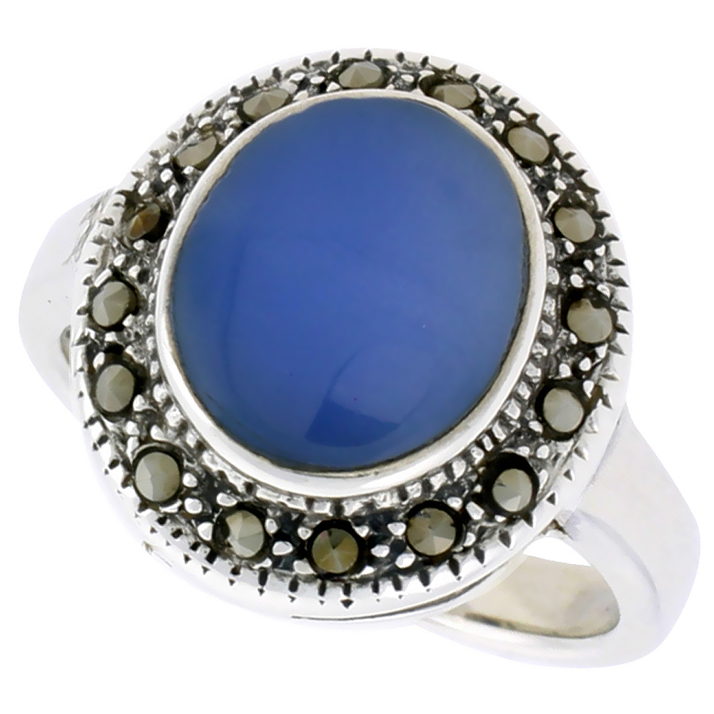 Sterling Silver Ring, w/ 10mm Round-shaped Blue Resin, 5/8 inch (15 mm) wide