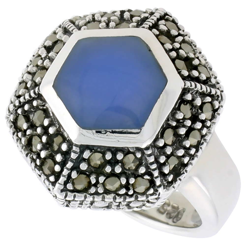 Sterling Silver Ring, w/ Hexagon-shaped Blue Resin, 3/4 inch (18 mm) wide