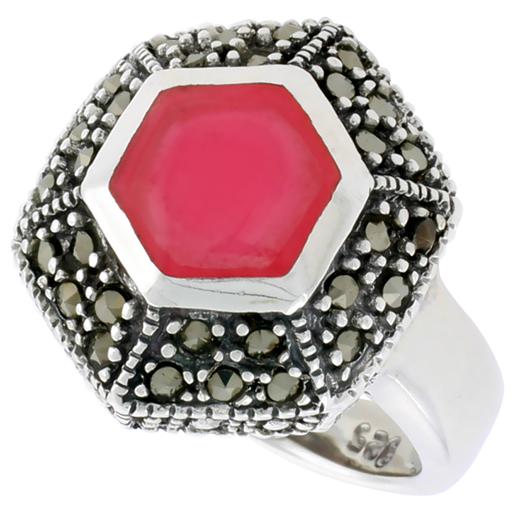Sterling Silver Ring, w/ Hexagon-shaped Red Resin, 3/4 inch (18 mm) wide