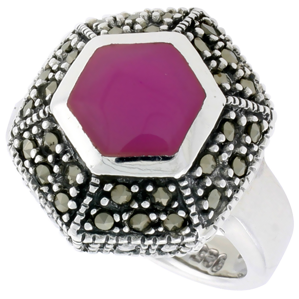 Sterling Silver Ring, w/ Hexagon-shaped Purple Resin, 3/4 inch (18 mm) wide