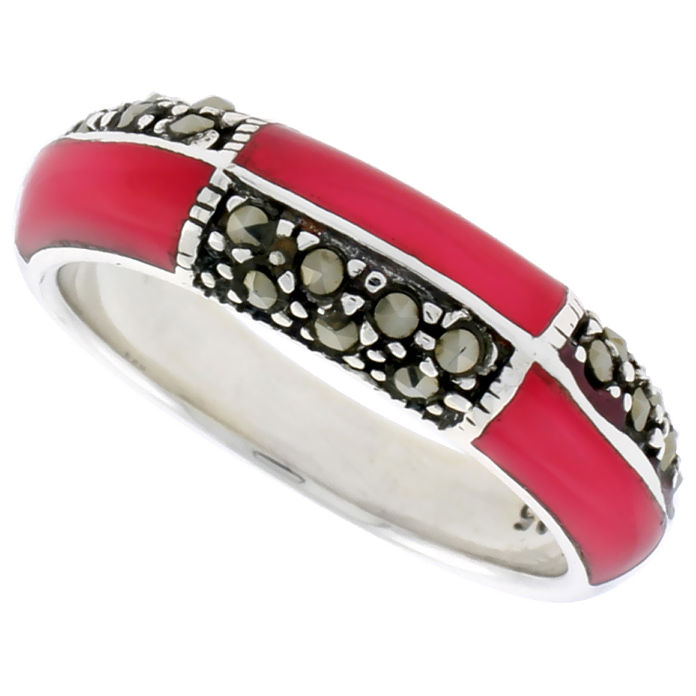 Sterling Silver Dome Ring w/ Red Resin, 1/4 inch (6 mm) wide