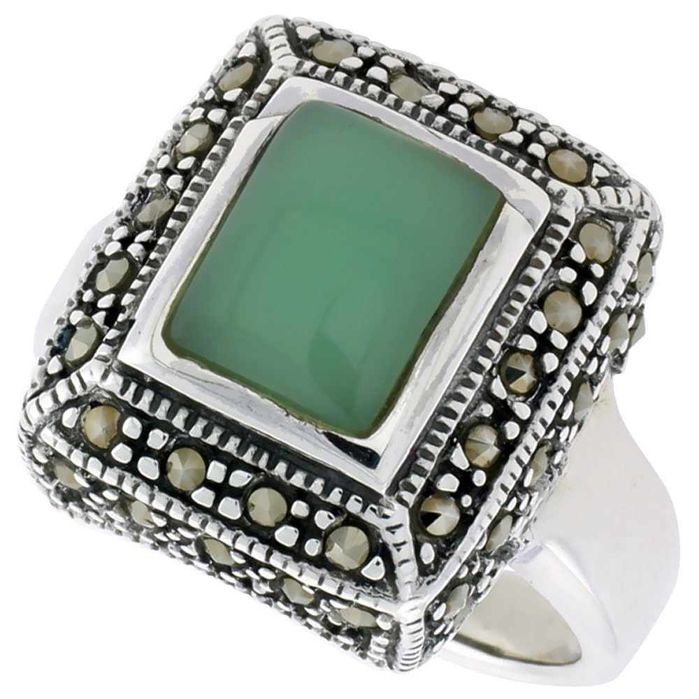 Sterling Silver Marcasite Ring for Women 10x8 mm Rectangular Asorted Colors Antiqued 3/4 inch