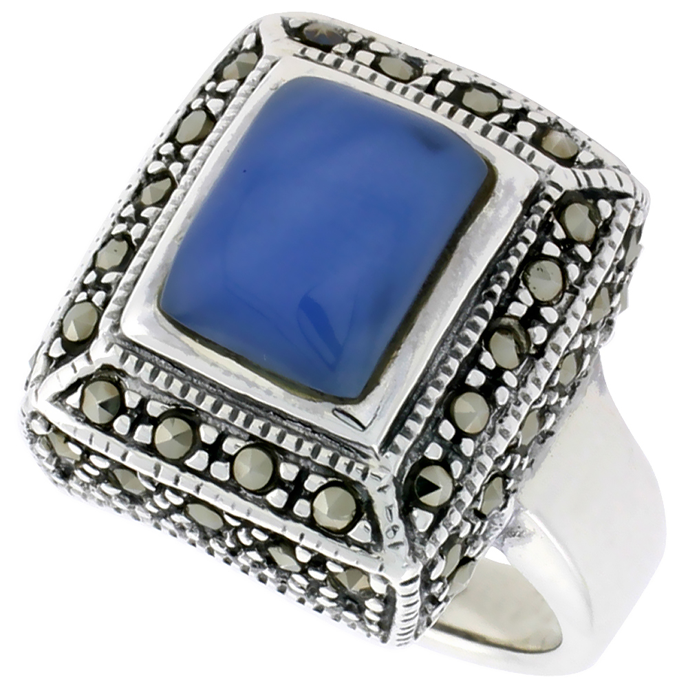 Sterling Silver Marcasite Ring for Women 10x8 mm Rectangular Asorted Colors Antiqued 3/4 inch