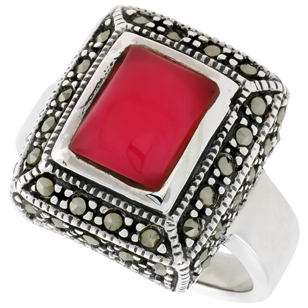 Sterling Silver Marcasite Ring for Women 10x8 mm Rectangular Asorted Colors Antiqued 3/4 inch