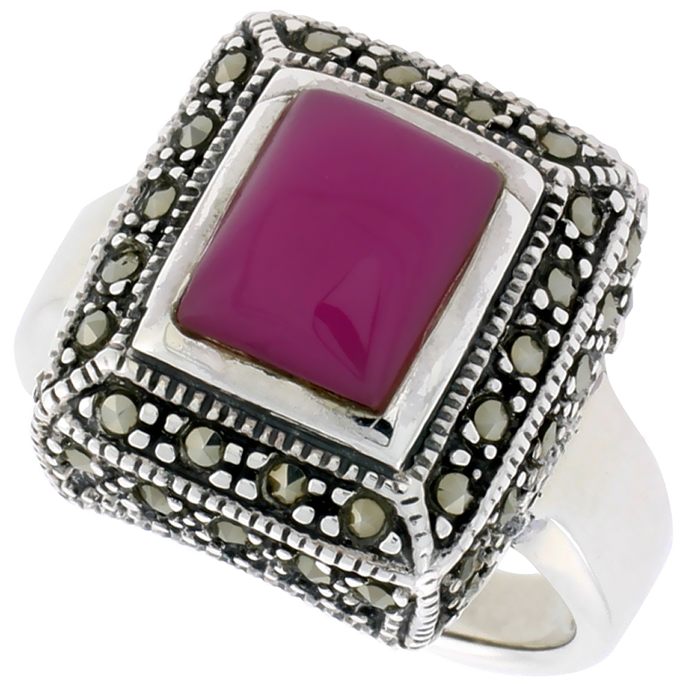 Sterling Silver Marcasite Ring for Women 10x8 mm Rectangular Asorted Colors Antiqued 3/4 inch