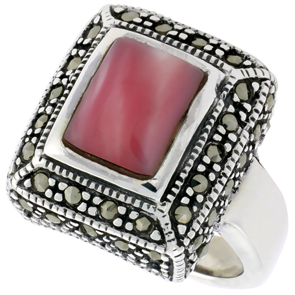 Sterling Silver Marcasite Ring for Women 10x8 mm Rectangular Asorted Colors Antiqued 3/4 inch