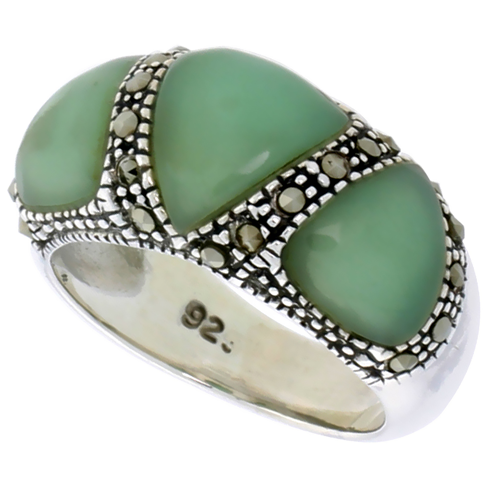 Sterling Silver Marcasite Ring for Women 3 Triangular Asorted Colors Oxidized Antiqued 3/8 inch