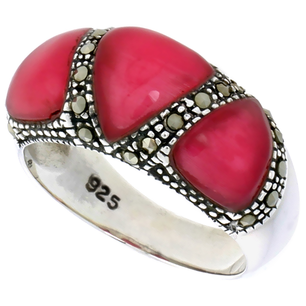 Sterling Silver Marcasite Ring for Women 3 Triangular Asorted Colors Oxidized Antiqued 3/8 inch