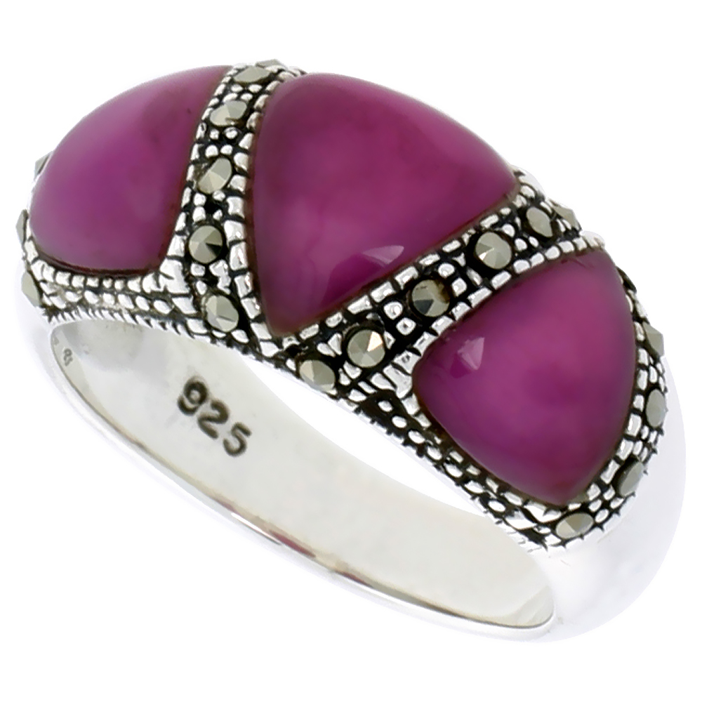 Sterling Silver Marcasite Ring for Women 3 Triangular Asorted Colors Oxidized Antiqued 3/8 inch