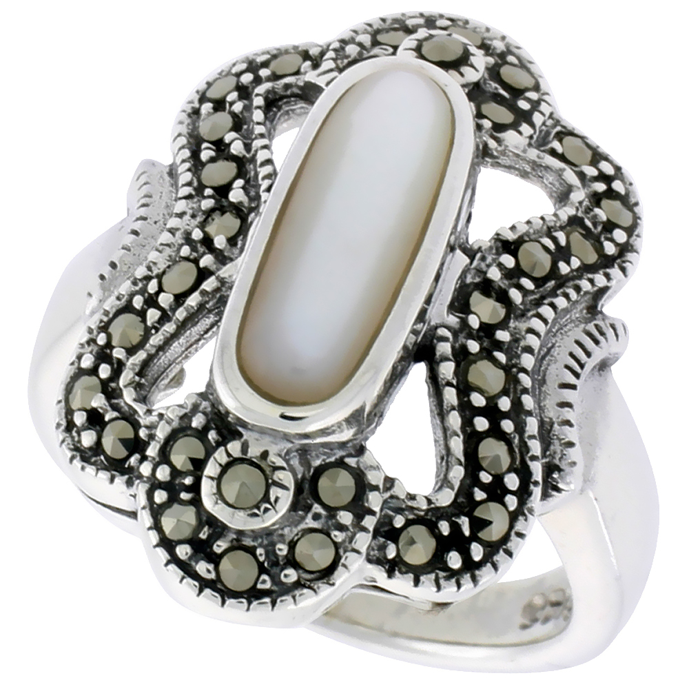 Sterling Silver Marcasite Ring for Women 12x5 Oval Asorted Colors Oxidized Antiqued 7/8 inch
