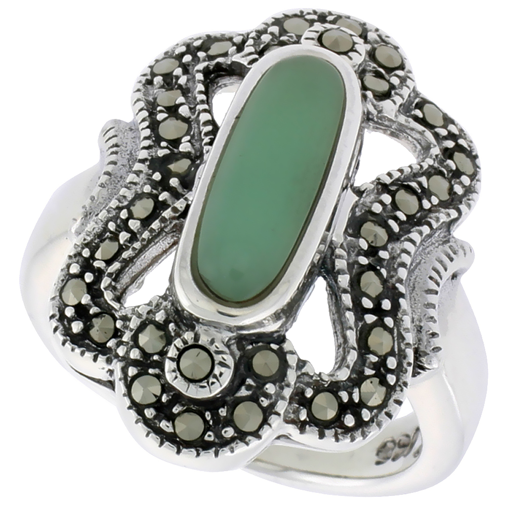 Sterling Silver Marcasite Ring for Women 12x5 Oval Asorted Colors Oxidized Antiqued 7/8 inch