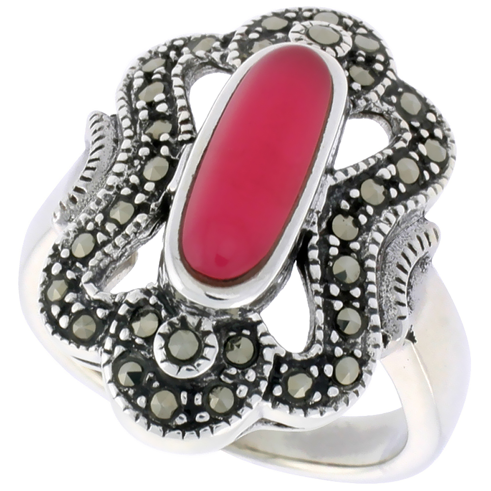 Sterling Silver Marcasite Ring for Women 12x5 Oval Asorted Colors Oxidized Antiqued 7/8 inch