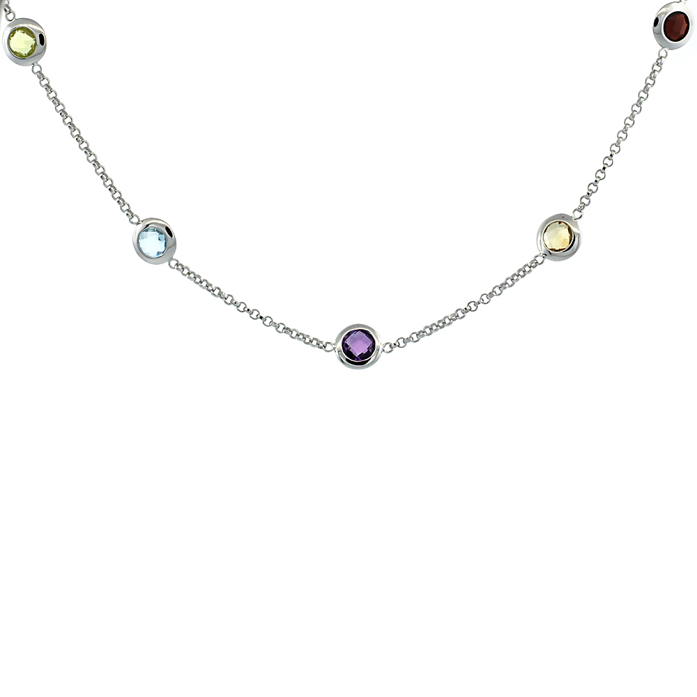 Sterling Silver Stone By The Yard Necklace (Available in 18 in. & 24 in.) w/ Multi Color Gem Stones ( Amethyst, Blue Topaz, Citrine, Garnet, Smoky Topaz, Green Amethyst, Pink Quartz )