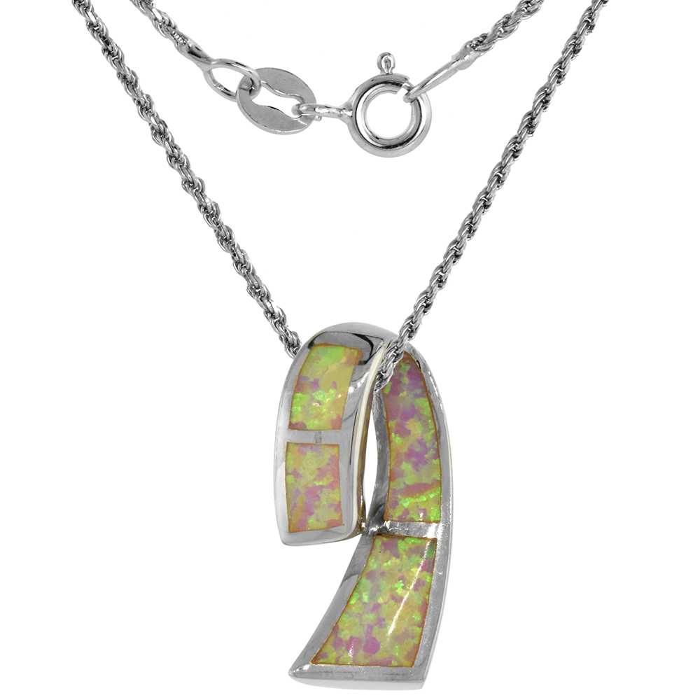 Sterling Silver Synthetic Pink Opal Breast Cancer Awareness Ribbon Necklace 7/8 inch Rope Chain