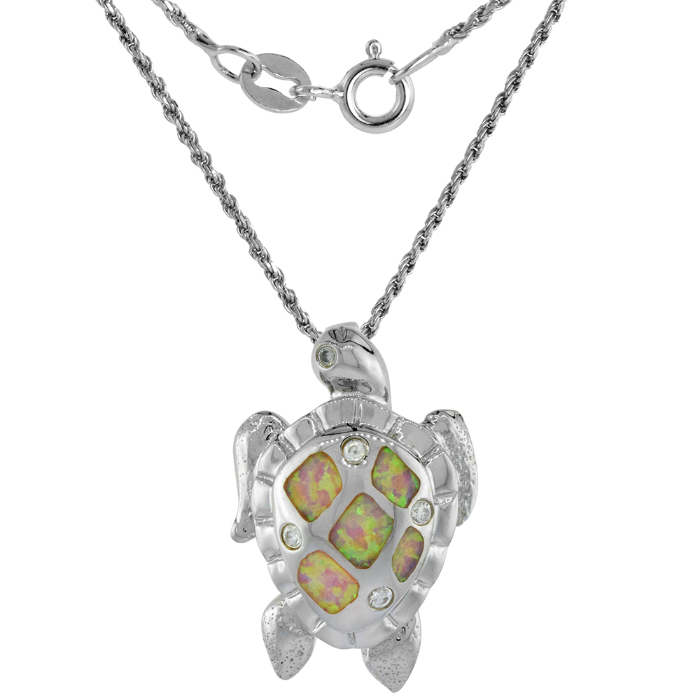 Sterling Silver Synthetic Pink Opal Sea Turtle Necklace Cubic Zirconia Accent 1 inch Rope Chain