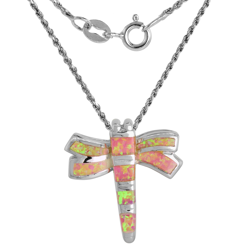 Sterling Silver Synthetic Pink Opal Dragonfly Necklace for Women Hand Inlay 1 inch Rope Chain