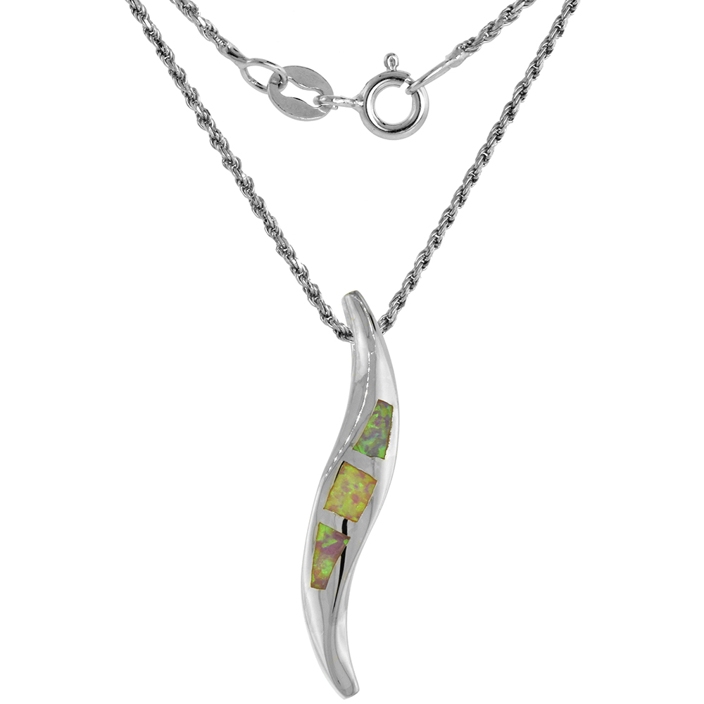 Sterling Silver Synthetic Pink Opal Curvy Stick Necklace for Women Hand Inlay 1 inch Rope Chain