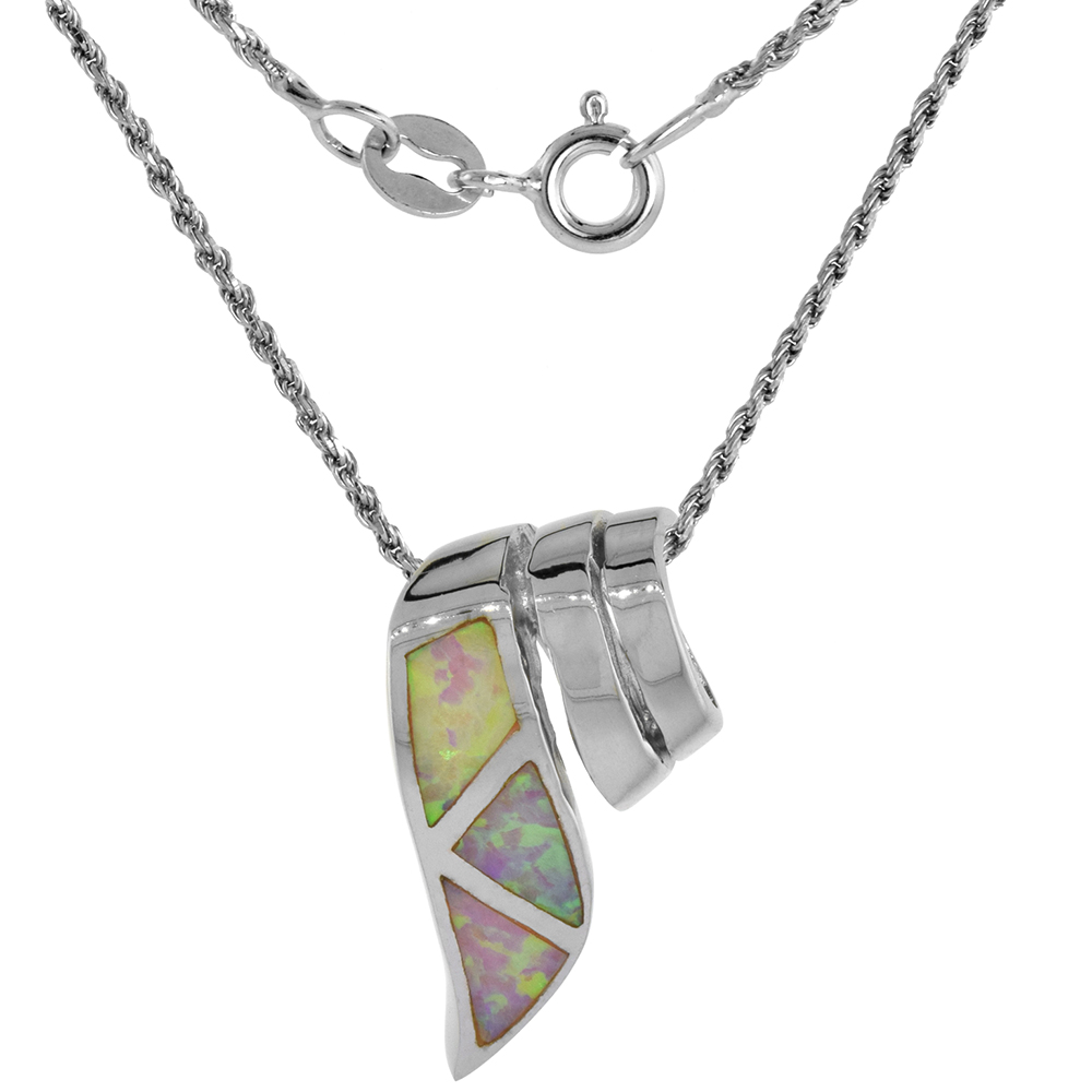 Sterling Silver Synthetic Pink Opal Ribbon Slide Necklace for Women Hand Inlay 3/4 inch Rope Chain