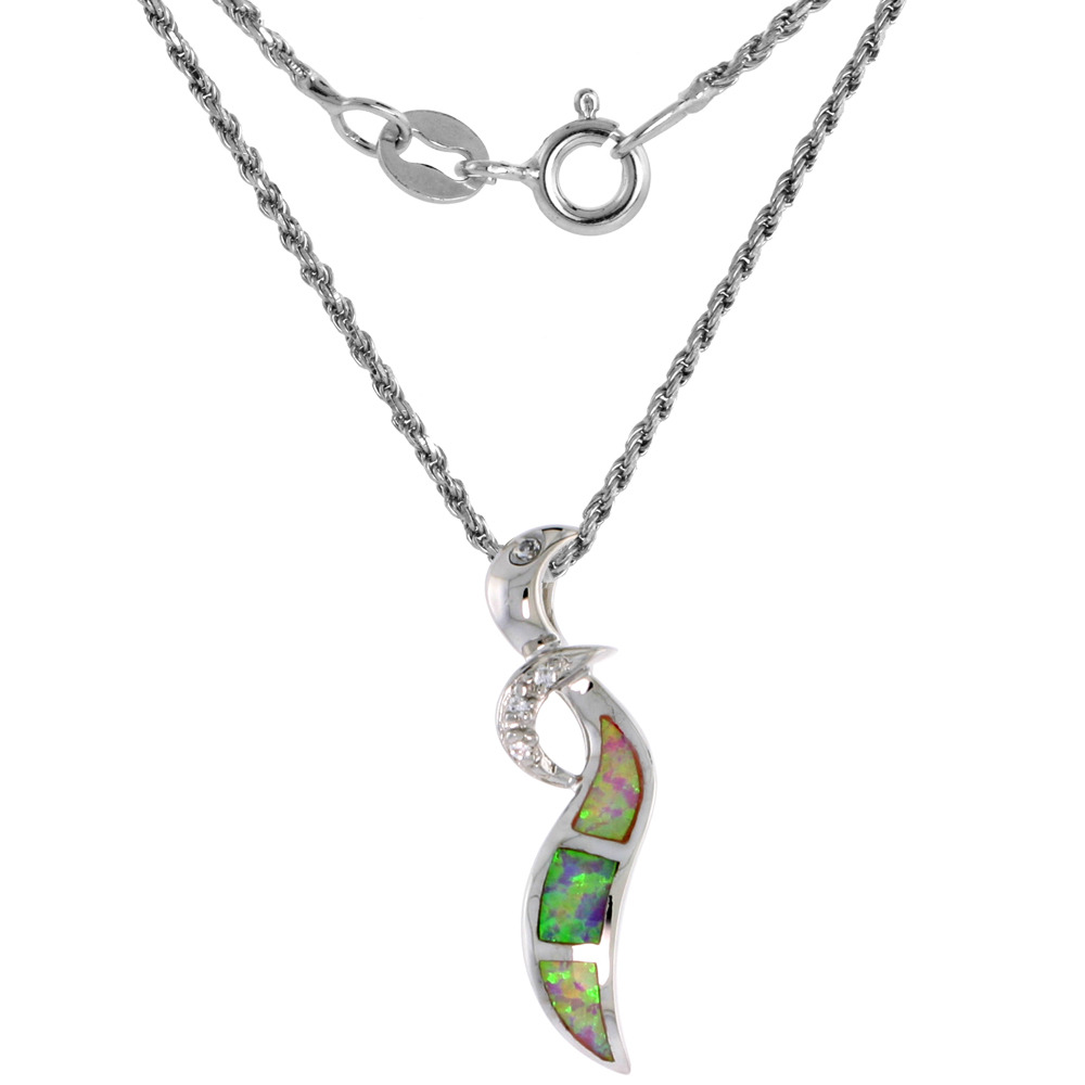 Sterling Silver Synthetic Pink Opal Stick Necklace Cubic Zirconia Accent 1 1/8 inch Rope Chain