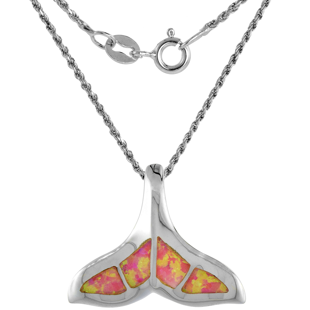 Small Sterling Silver Synthetic Pink Opal Whale Tail Necklace for Women Hand inlay 7/8 inch Rope Chain