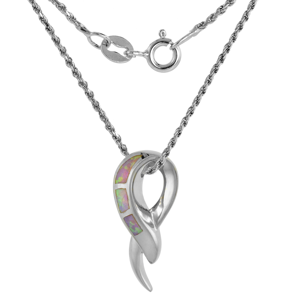 Sterling Silver Synthetic Pink Opal Breast Cancer Awareness Ribbon Necklace 1 inch Rope Chain