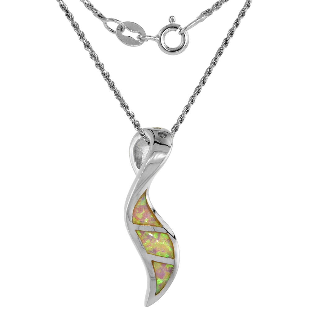 Sterling Silver Synthetic Pink Opal Leaf Necklace for Women Hand Inlay 1 1/8 inch ROPH_25