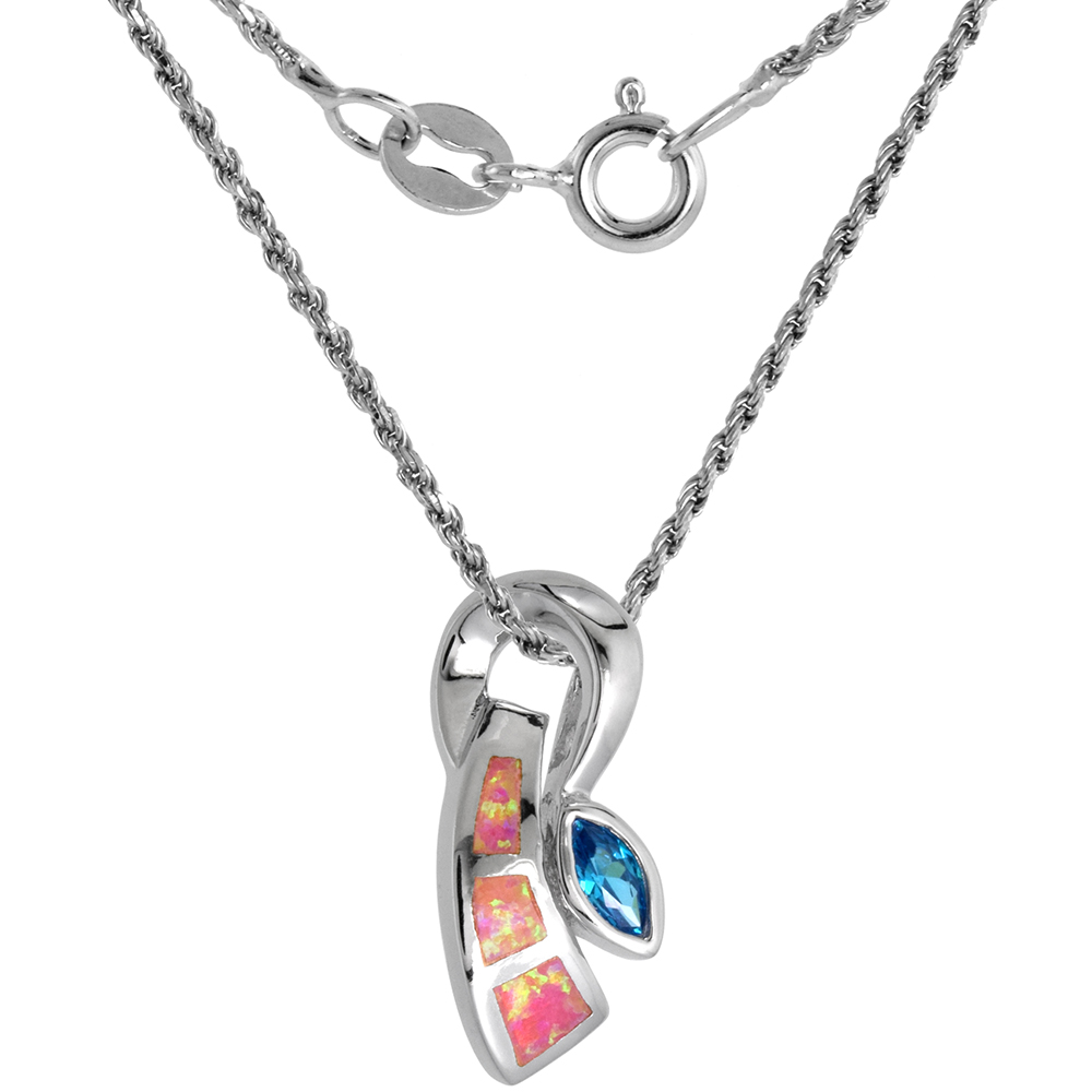 Sterling Silver Synthetic Pink Opal Blue Topaz CZ Necklace for Women Center 7/8 inch ROPH_25