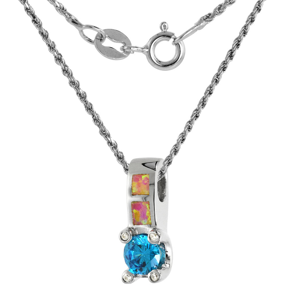 Sterling Silver Synthetic Pink Opal Drop Necklace for Women 7mm Blue Topaz CZ 3/4 inch ROPH_25