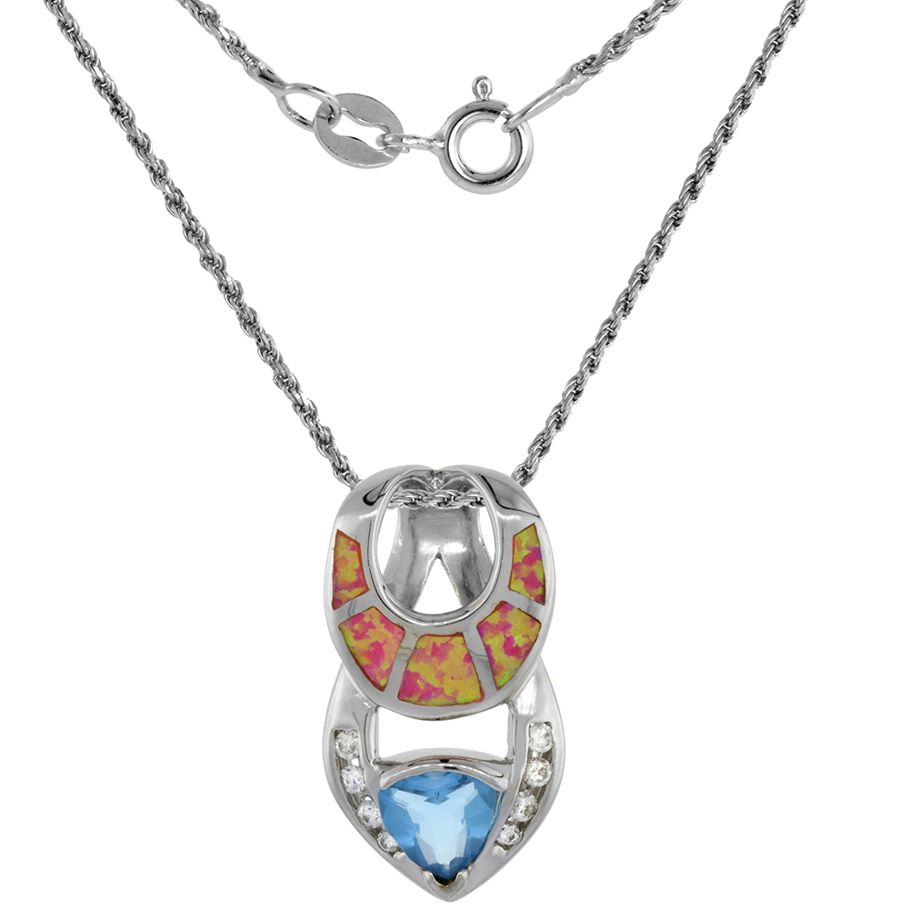 Sterling Silver Synthetic Pink Opal Horseshoe Slide Necklace for Women 7mm Amethyst CZ ROPH_25