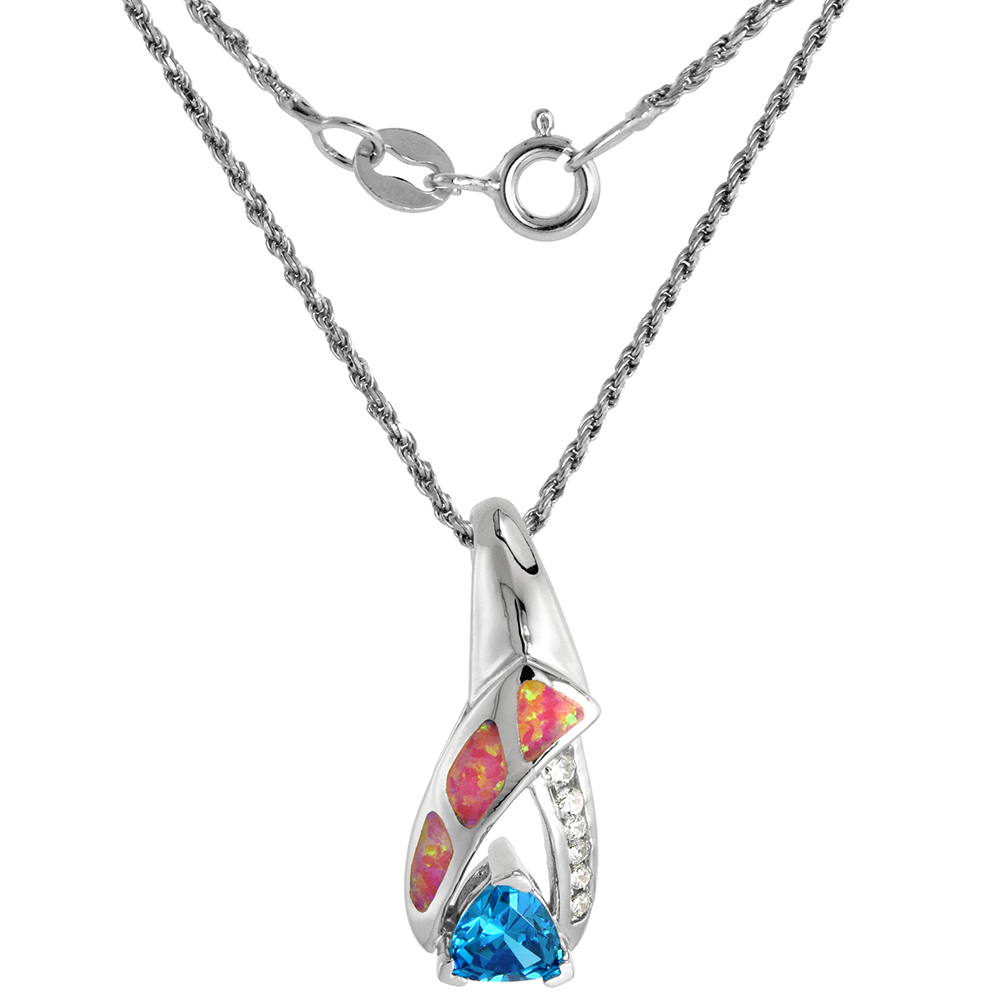 Sterling Silver Synthetic Pink Opal Blue Topaz CZ Necklace for Women 7 mm Trillium 1 inch ROPH_25