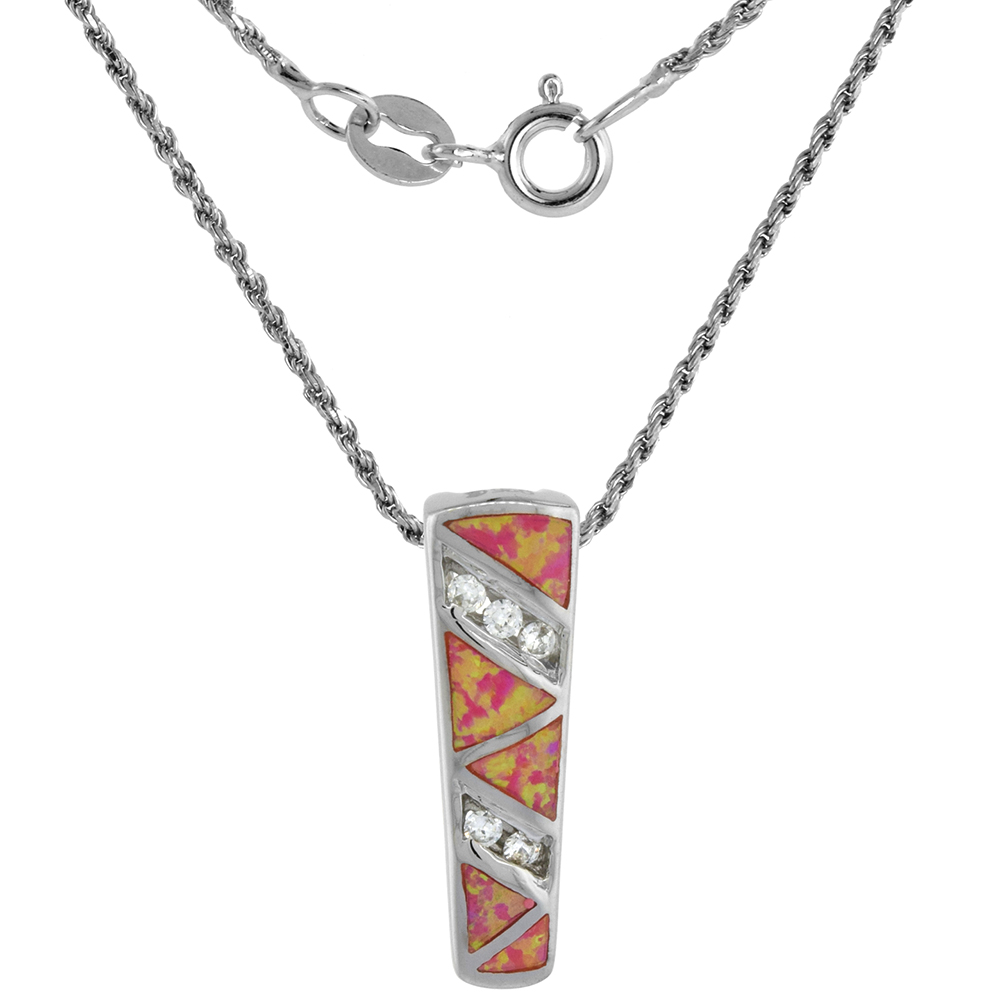 Sterling Silver Synthetic Pink Opal Trapezoid Necklace Cubic Zirconia Accent 7/8 inch ROPH_25